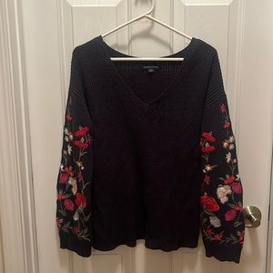 American Eagle Outfitters purple sweater with bell sleeves and floral embroidery